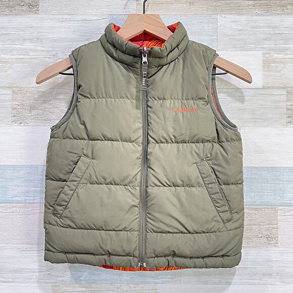 LL Bean Reversible Goose Down Puffer Vest Jacket Green Orange Boys Large 6X 7
